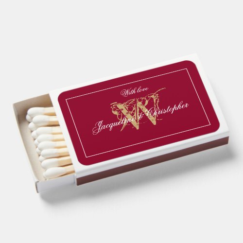 Elegant Burgundy Gold Monogram  Names Wedding Matchboxes