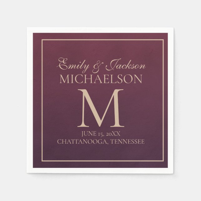 Elegant Burgundy Gold Monogram Wedding Napkins (Front)