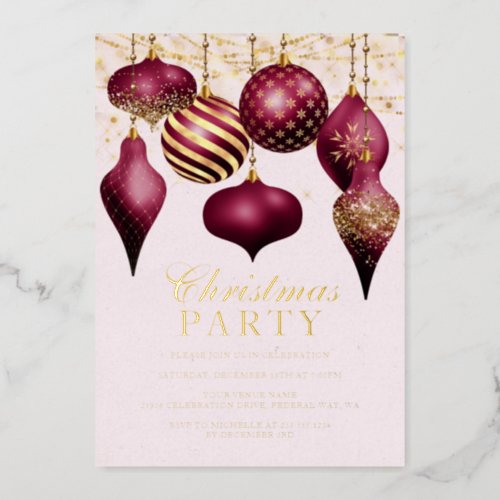 Elegant Burgundy Gold Ornaments Christmas Party Foil Invitation