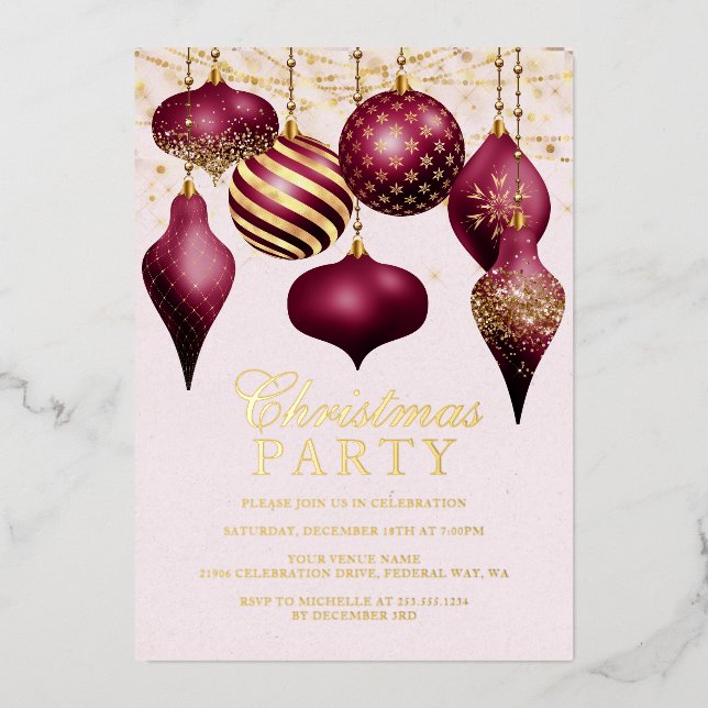 Elegant Burgundy Gold Ornaments Christmas Party Foil Invitation (Front)