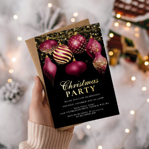 Elegant Burgundy Gold Ornaments Christmas Party Foil Invitation