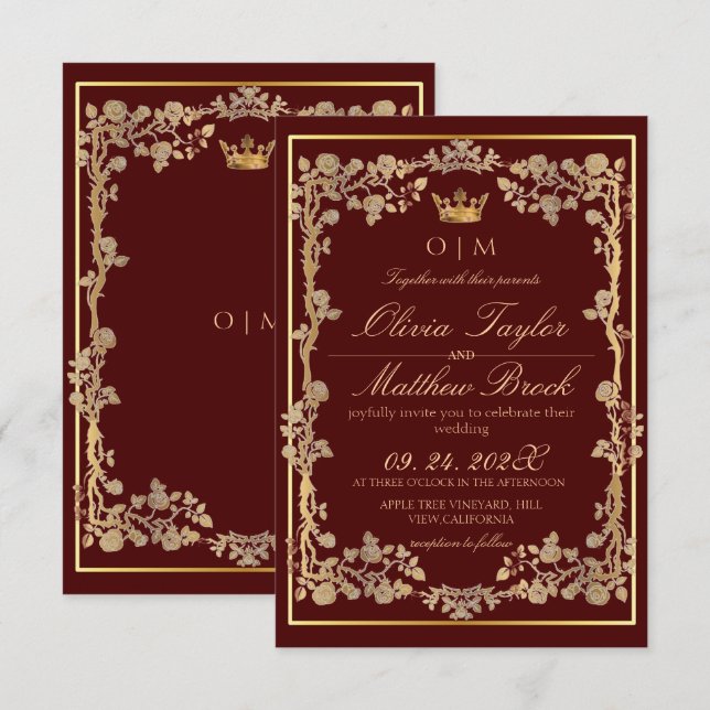 Elegant Burgundy & Gold Ornate Frame Wedding  Invitation (Front/Back)