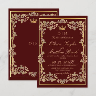 Elegant Burgundy & Gold Ornate Frame Wedding  Invitation