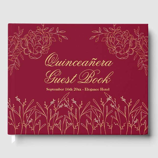 Elegant Burgundy Gold Outline Floral Quinceanera Guest Book (Front)