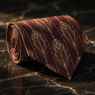 Elegant Burgundy & Gold Peacock Feather Neck Tie