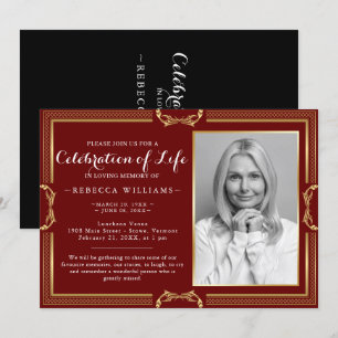 Elegant Burgundy Gold Photo Celebration of life Invitation