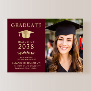 Elegant Burgundy Gold Photo College Graduation Announcement