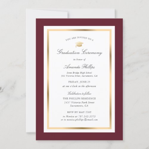 Elegant Burgundy Gold Photo Graduation Ceremony Invitation