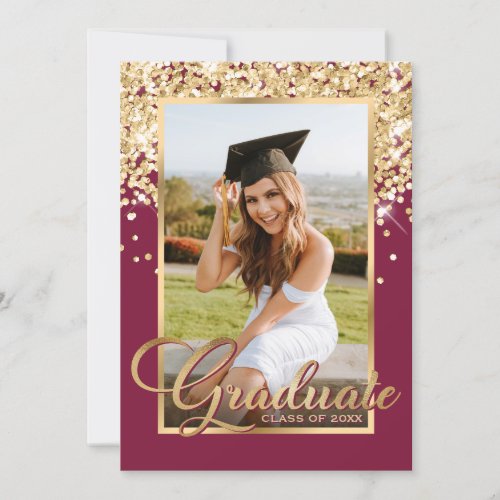 Elegant Burgundy Gold Photo Graduation Party Invitation