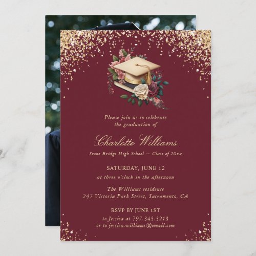 Elegant Burgundy Gold Photo Graduation Party Invitation