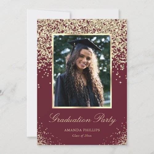 Elegant Burgundy Gold Photo Graduation Party Invitation