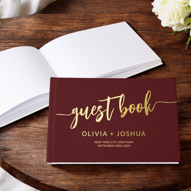 Elegant Burgundy Gold Photo Minimalist Script Foil Guest Book (Creator Uploaded)
