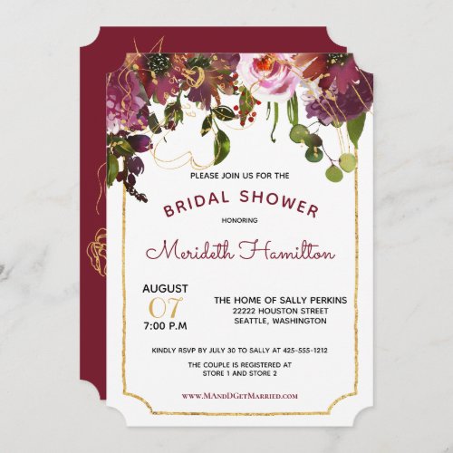 Elegant Burgundy Gold Pink Floral Bridal Shower Invitation