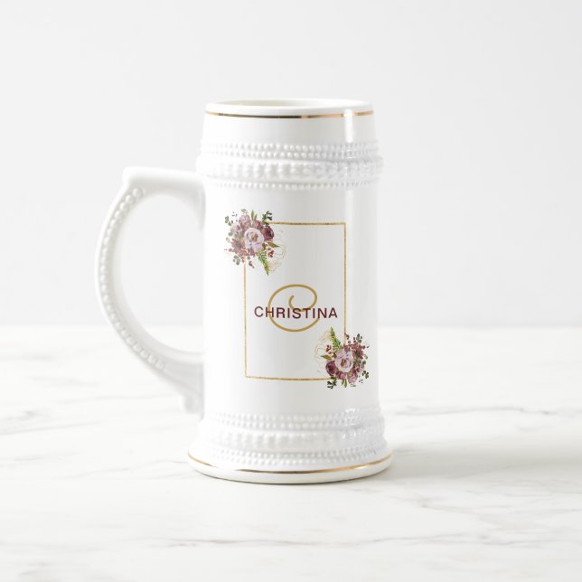 Elegant Burgundy Gold Pink Floral Bridesmaid Beer Stein (Left)
