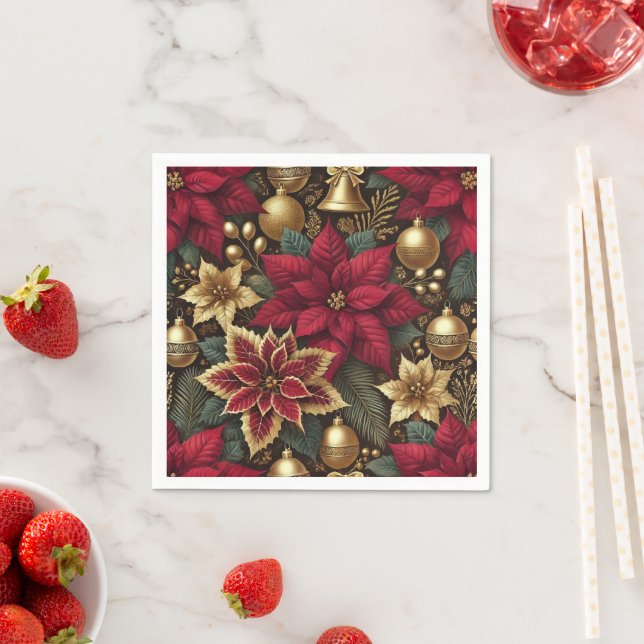 Elegant Burgundy & Gold Poinsettia Decoupage Napkins (Insitu)