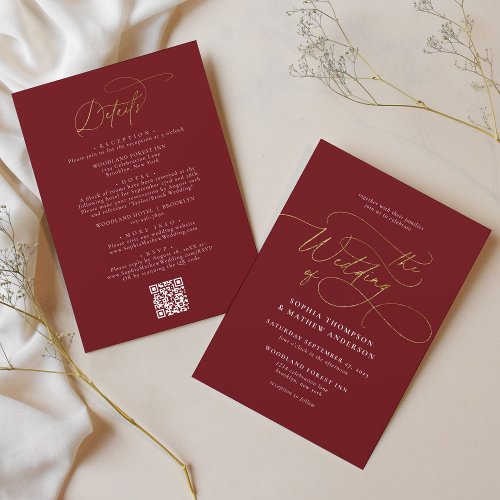 Elegant Burgundy Gold QR Code All in one Wedding Invitation