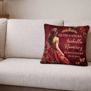 Elegant Burgundy Gold Quinceañera Throw Pillow