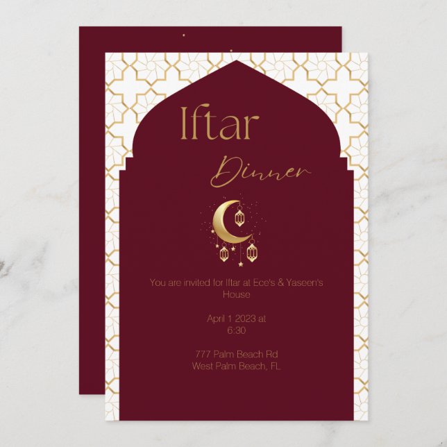 Elegant Burgundy & Gold Ramadan Iftar Invitation  (Front/Back)
