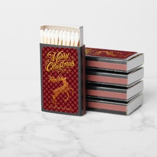 Elegant Burgundy & Gold Reindeer Merry Christmas Matchboxes