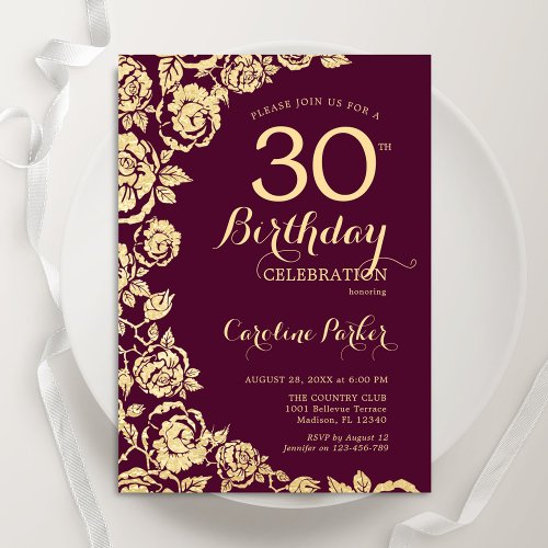 Elegant Burgundy Gold Roses 30th Birthday Invitation