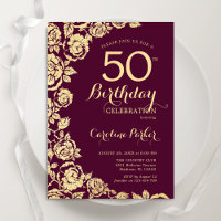 Elegant Burgundy Gold Roses 50th Birthday