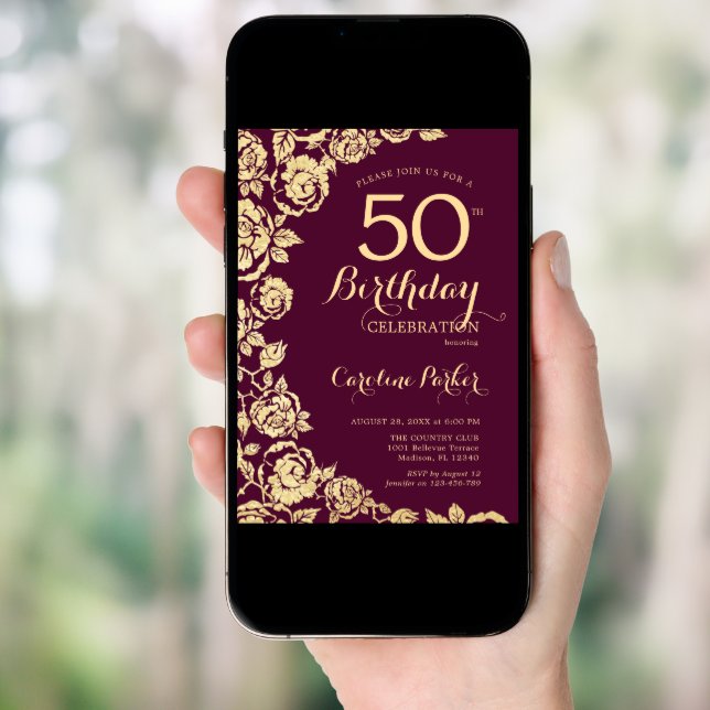 Elegant Burgundy Gold Roses 50th Birthday Invitation (Front Digital)