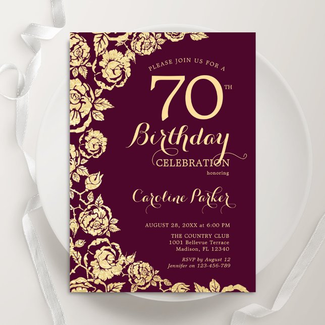 Elegant Burgundy Gold Roses 70th Birthday Invitation (Creator Uploaded)