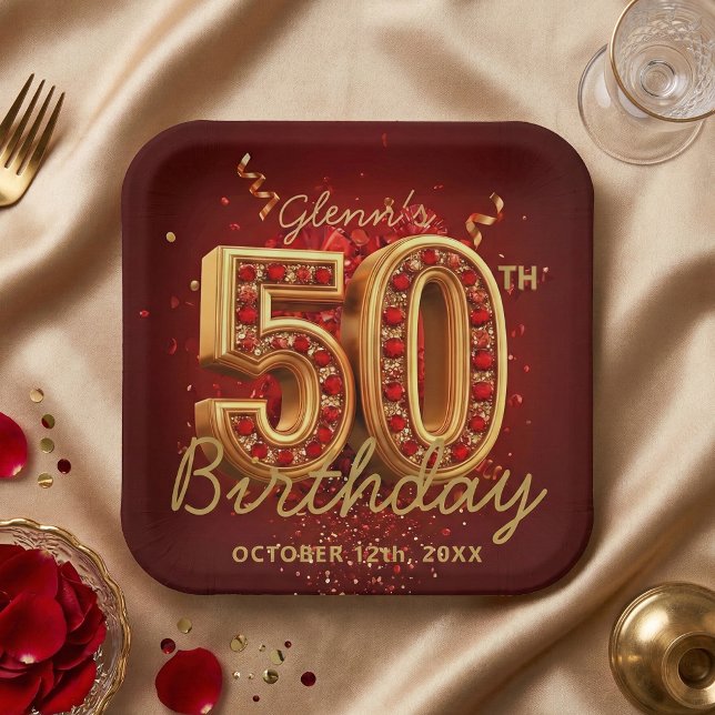 Elegant Burgundy Gold Ruby Gem 50th Birthday Party Paper Plates (Creator Uploaded)