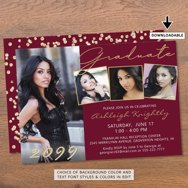 Elegant Burgundy Gold Script 4 Photo Graduate Invitation (Creator Uploaded)