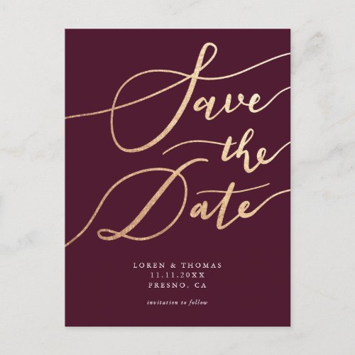 Elegant Burgundy Gold Script Wedding Save the Date Announcement Postcard