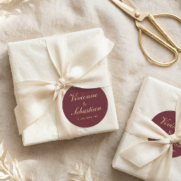 Elegant Burgundy Gold Script Wedding Stickers