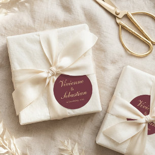 Elegant Burgundy Gold Script Wedding Stickers