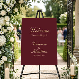 Elegant Burgundy Gold Script Wedding Welcome Sign