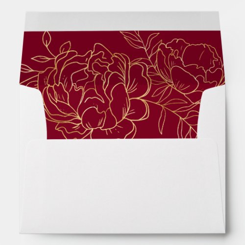 Elegant Burgundy Gold Sketch Floral Return Address Envelope