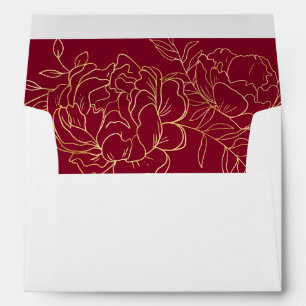 Elegant Burgundy Gold Sketch Floral Return Address Envelope