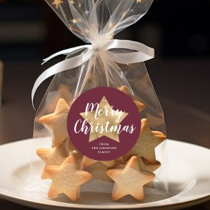 Elegant Burgundy Gold Star Merry Christmas Classic Round Sticker