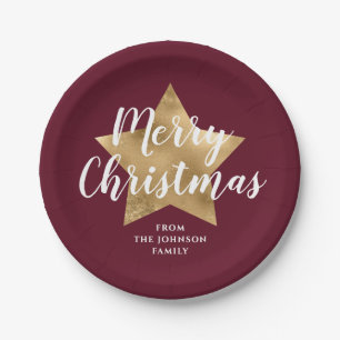 Elegant Burgundy Gold Star Merry Christmas Paper Plates