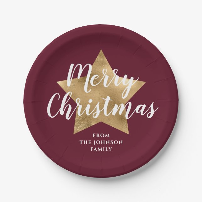 Elegant Burgundy Gold Star Merry Christmas Paper Plates (Front)
