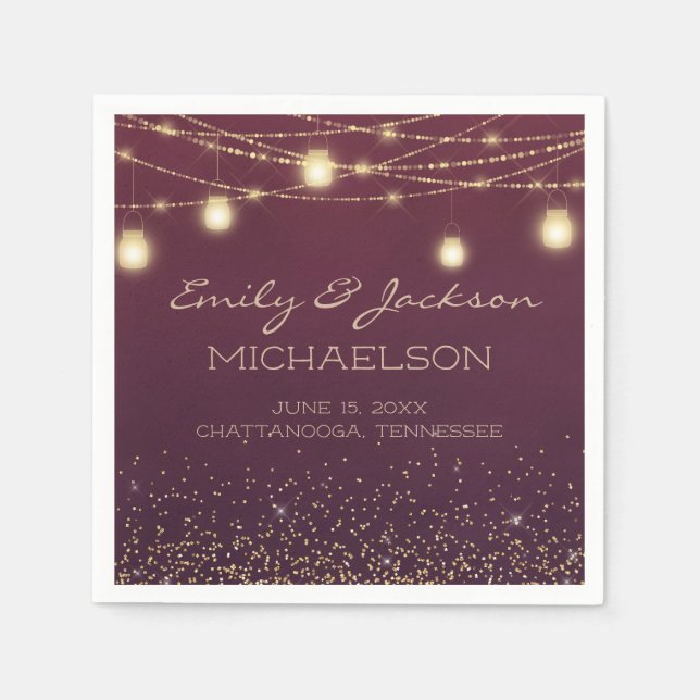 Elegant Burgundy Gold String Lights Lanterns Napkins (Front)