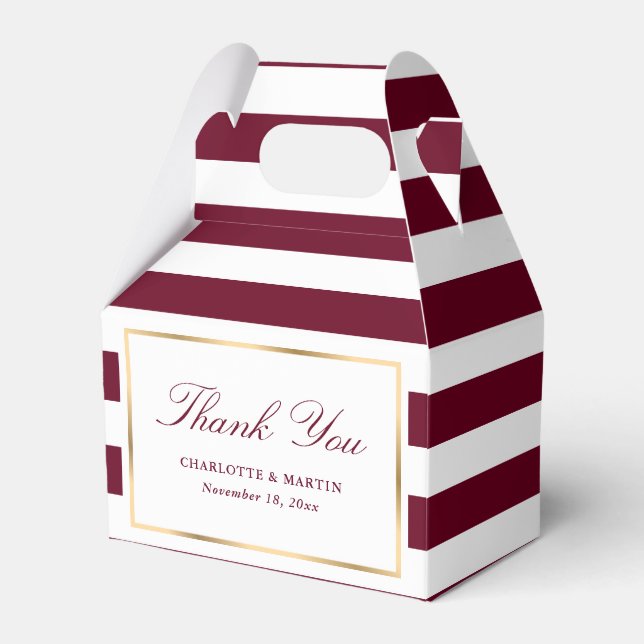 Elegant Burgundy Gold Stripes Wedding Thank You Favor Boxes (Front Side)