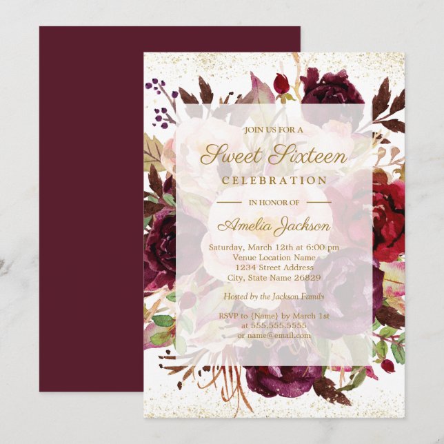 Elegant Burgundy Gold Sweet Sixteen Invitation (Front/Back)