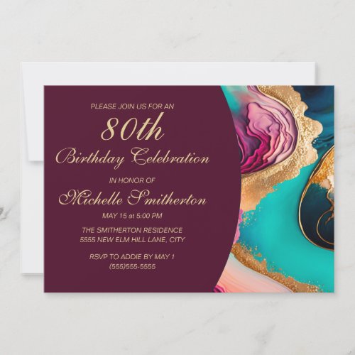Elegant Burgundy Gold Teal Marbled 80th Birthday Invitation