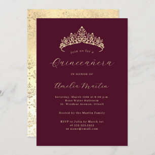 Elegant Burgundy Gold Tiara Quinceanera Invitation