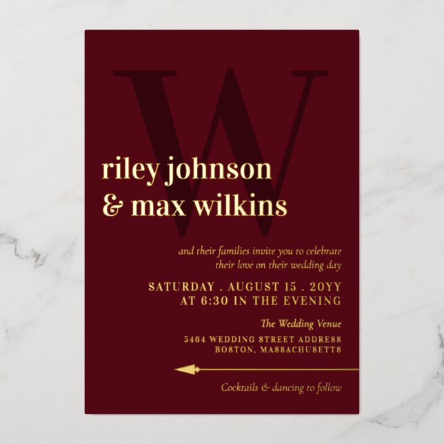 Elegant Burgundy & Gold Typography Arrow Foil Invitation (Front)