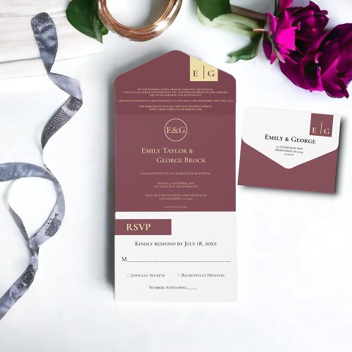 Elegant Burgundy Gold Typography Classy Wedding All In One Invitation