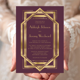 Elegant Burgundy Gold Vintage 1920s Deco Wedding Invitation