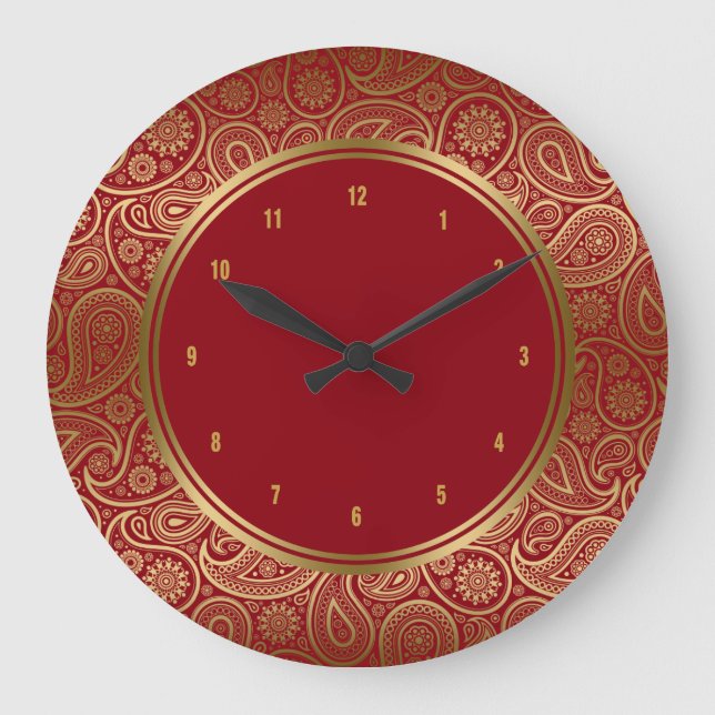 Elegant Burgundy & Gold Vintage Paisley Pattern Large Clock (Front)