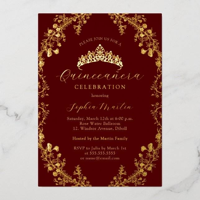 Elegant Burgundy Gold Vintage Quinceanera  Foil Invitation (Front)
