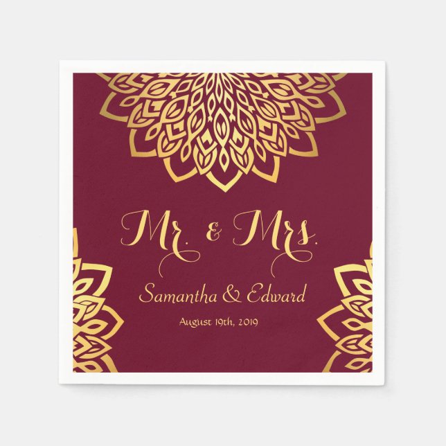 Elegant Burgundy Gold Wedding Napkins (Front)