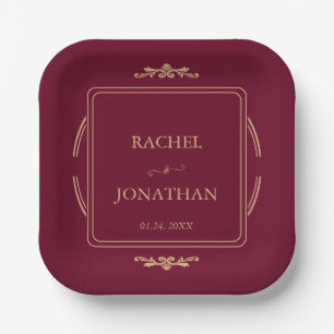 Elegant Burgundy Gold Wedding Paper Plate
